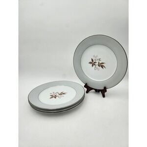 4 Noritake China #5447 Leaves Berries Dinner Plates Gray band pink berries 1950s